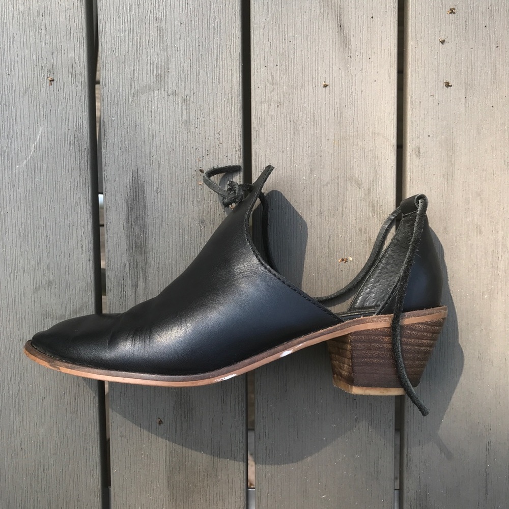 Black ankle-tie booties with wooden heel